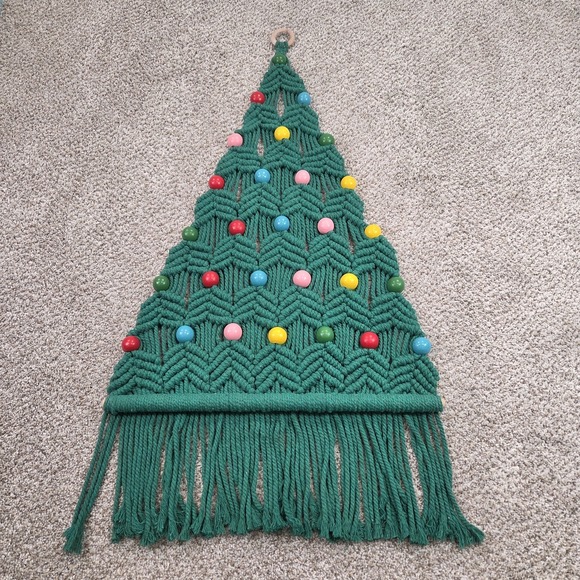 Other - Vintage Green Macrame Christmas Tree Wall Hanging Wooden Beads Handmade
